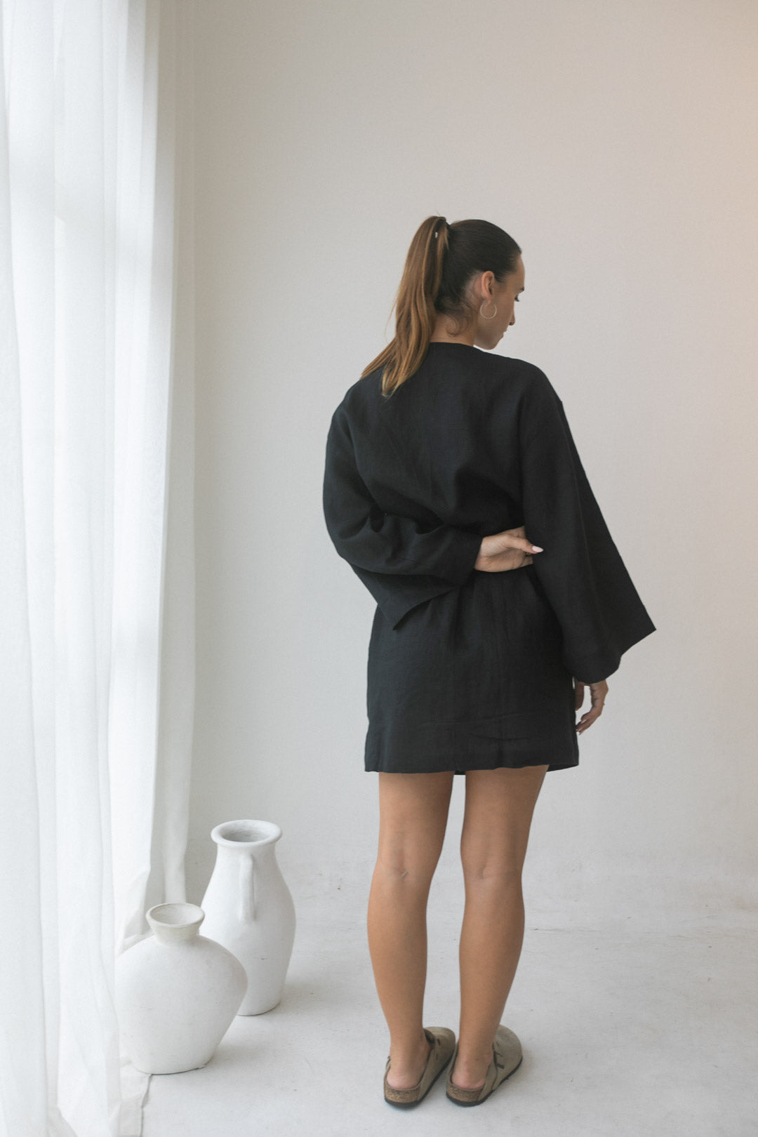 Luna Kimono - 100% Linen, Black