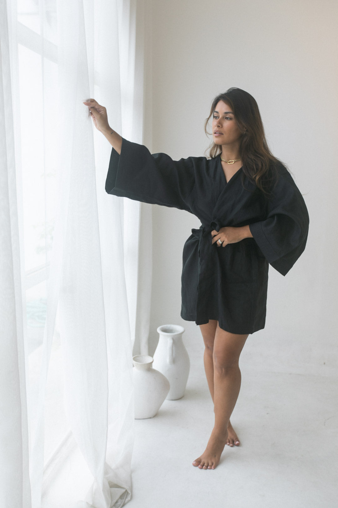 Luna Kimono - 100% Linen, Black