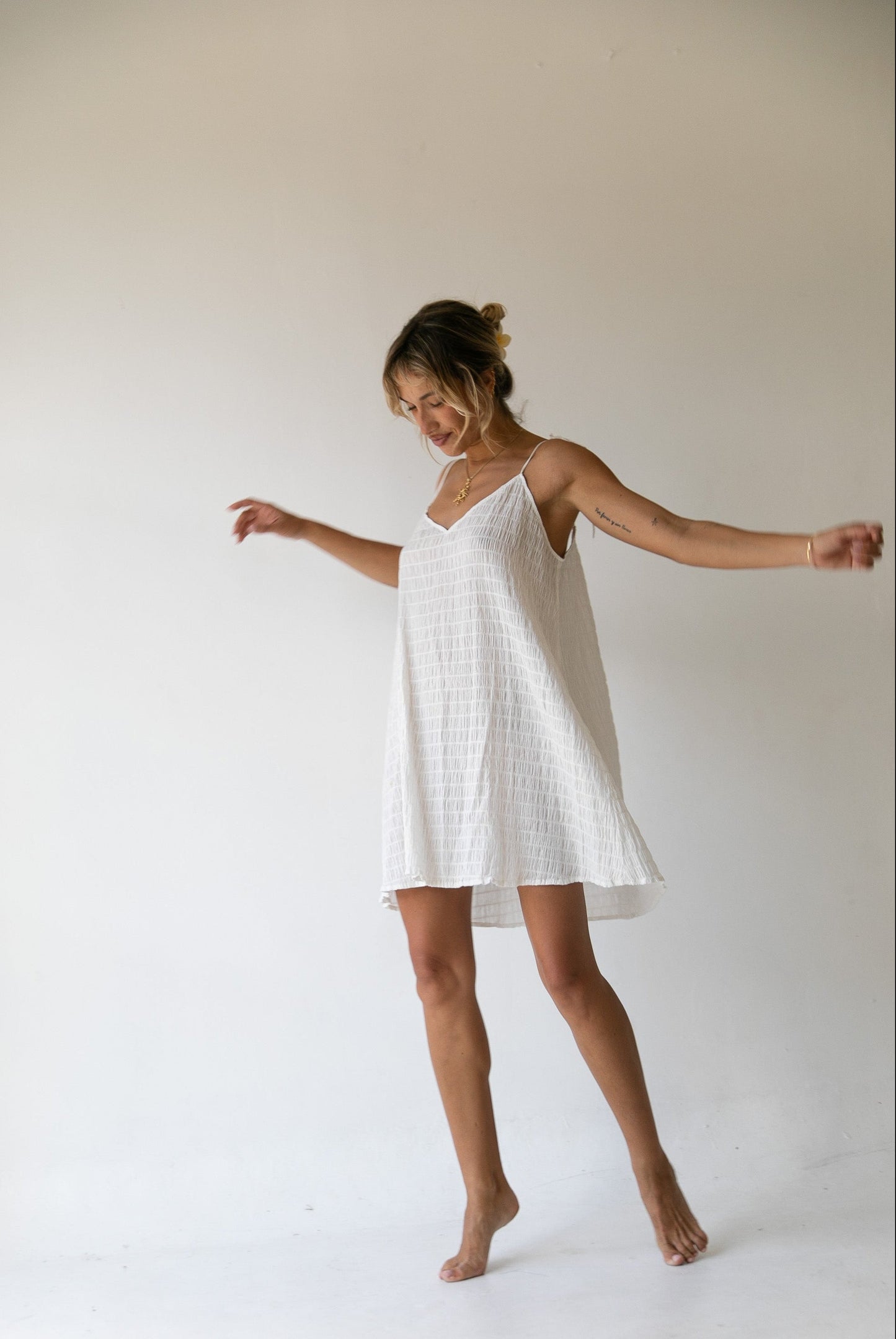 Isla Dress - Organic Cotton, White check texture