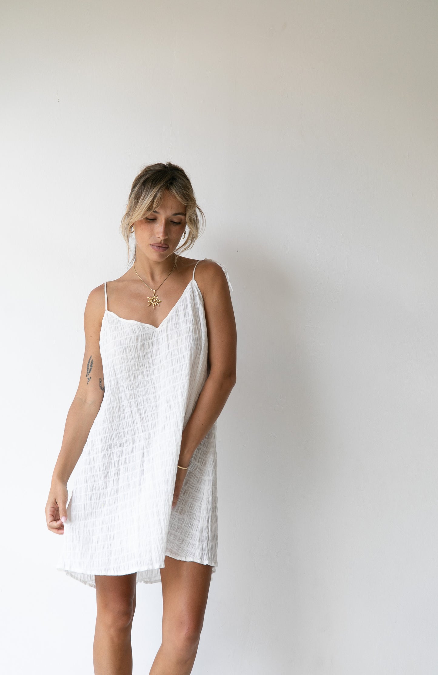 Isla Dress - Organic Cotton, White check texture