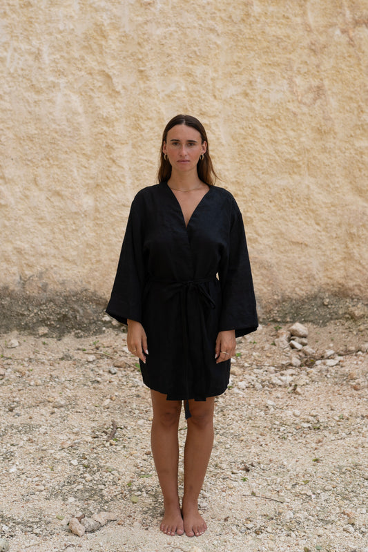 Luna Kimono - 100% Linen, Black