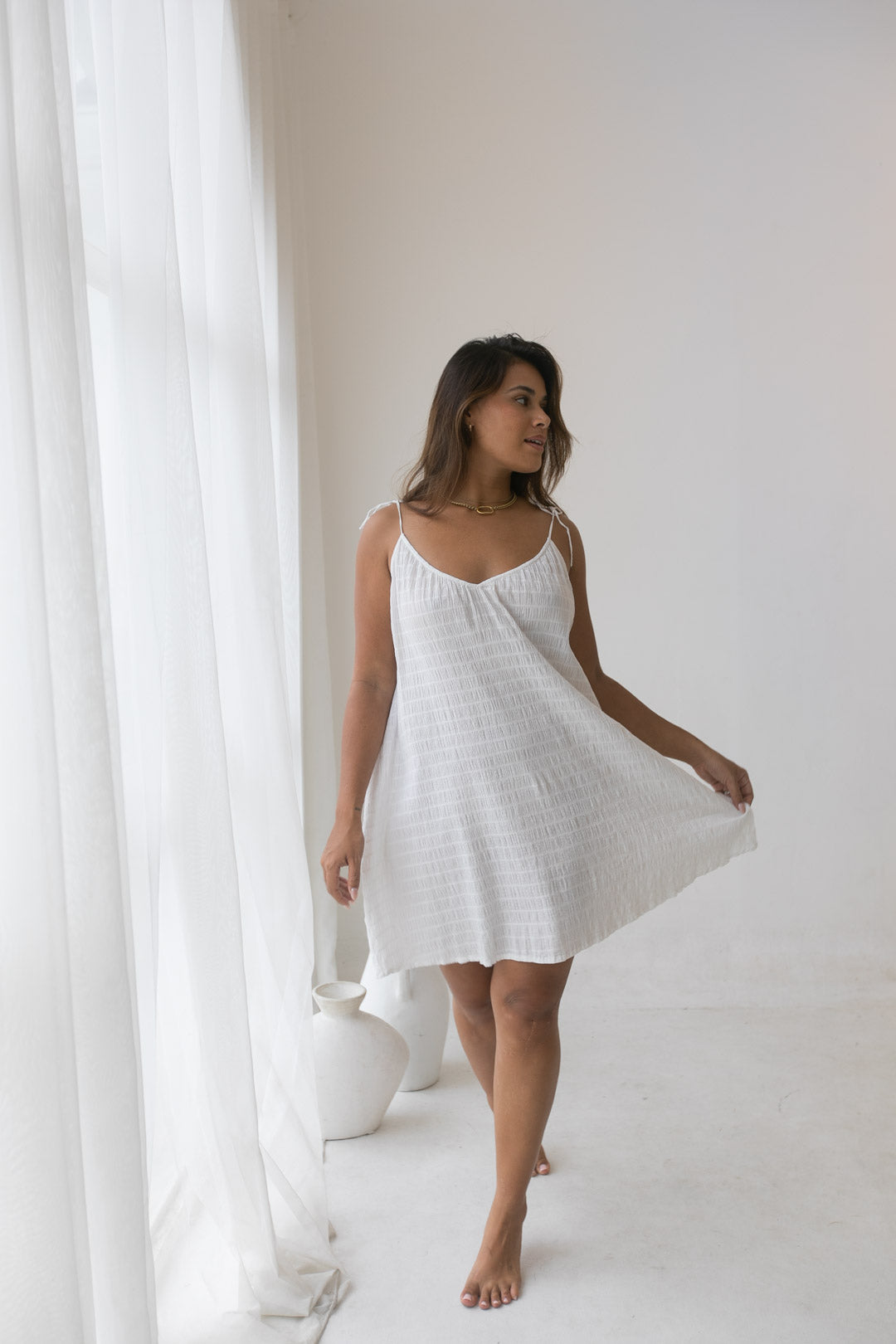 Isla Dress - Organic Cotton, White check texture