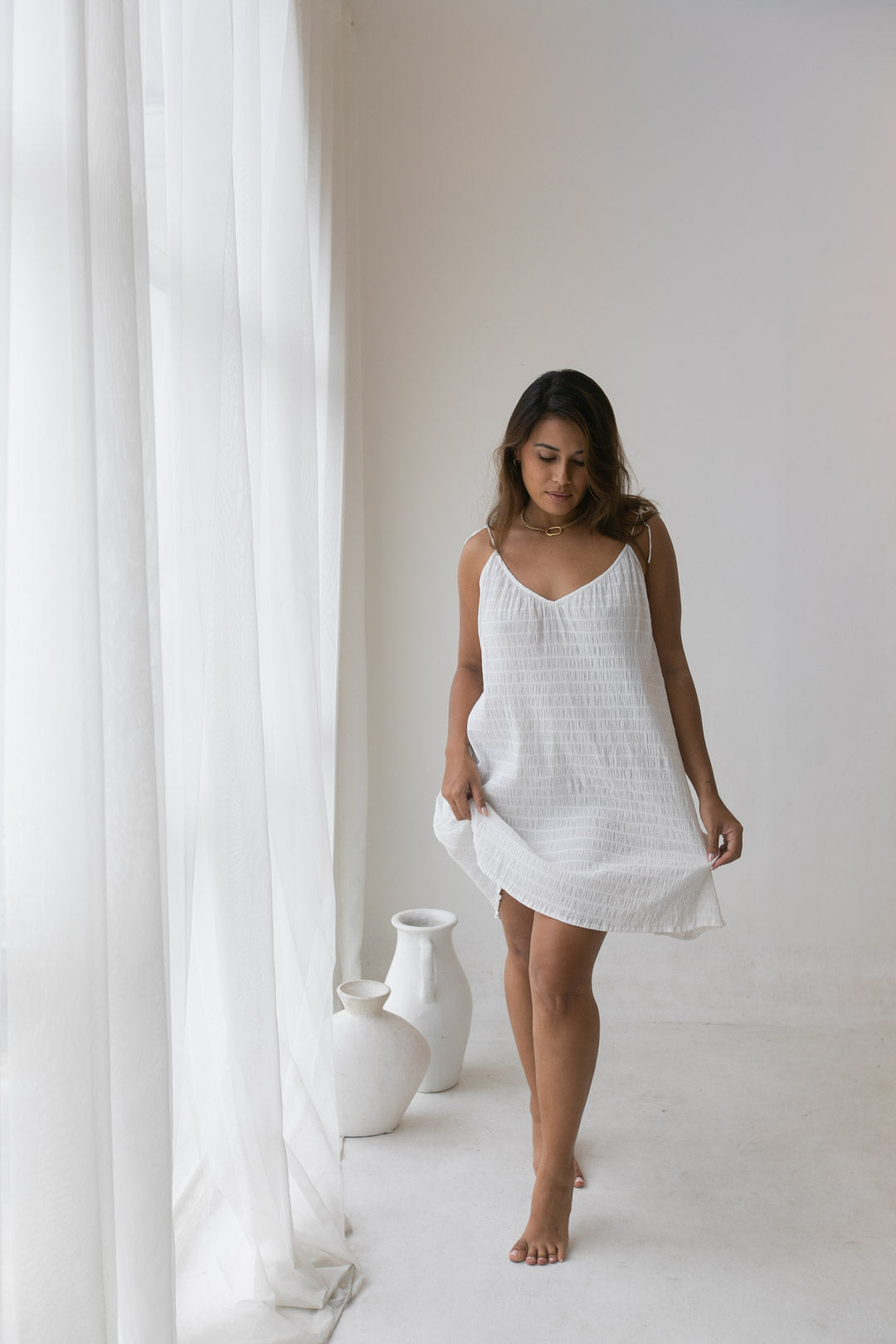 Isla Dress - Organic Cotton, White check texture